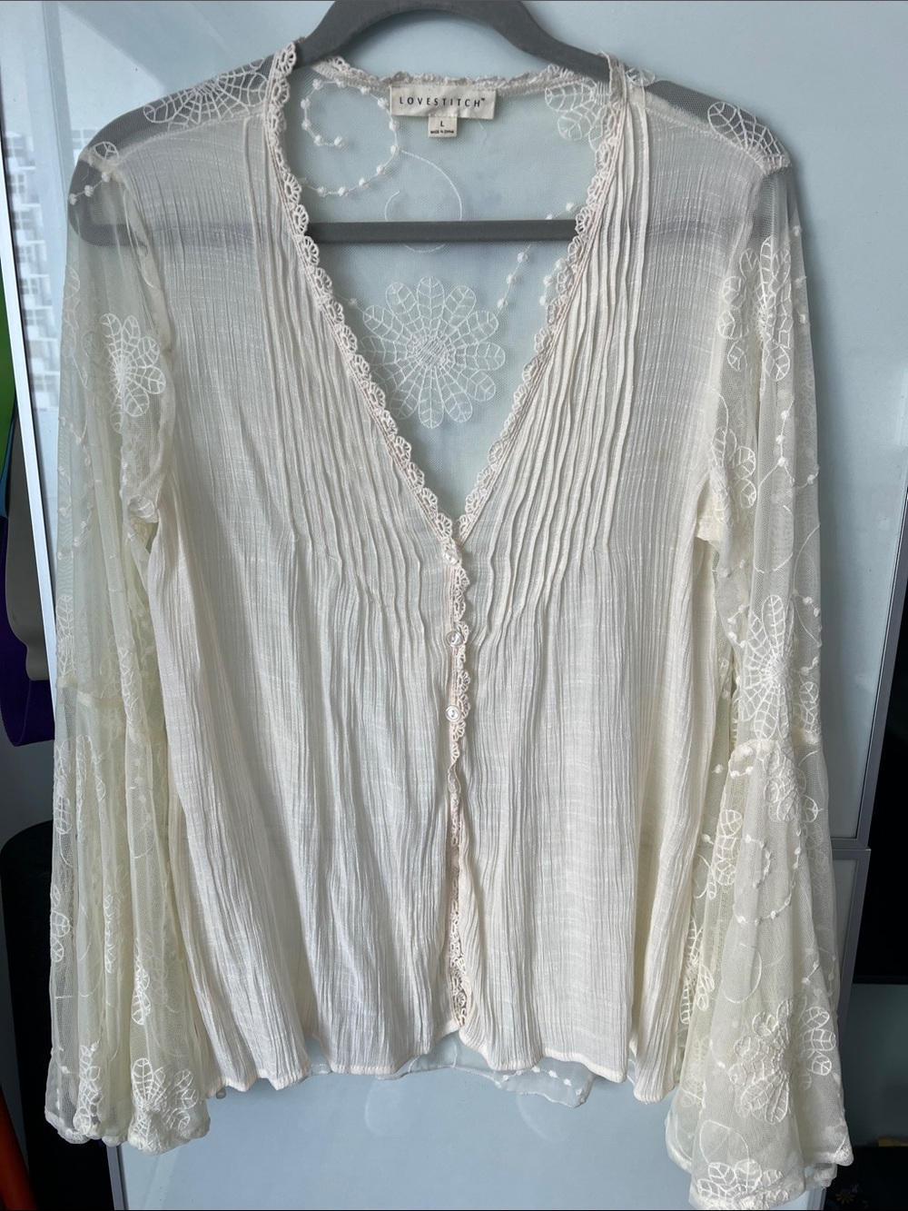Lovestitch Sheer Lace-Trim Top in Ivory w/ bell sleeves